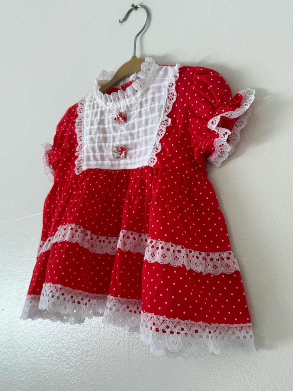 Vintage Baby Girl 9m Baby Doll Red & White Polka Dot Dress Lace Teired Ruffle - Picture 3 of 8